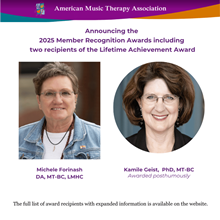 AMTA graphic announcing the 2025 Member Recognition Awards and two Lifetime Achievement Award recipients, featuring Michele Forinash and Kamile Geist (awarded posthumously).