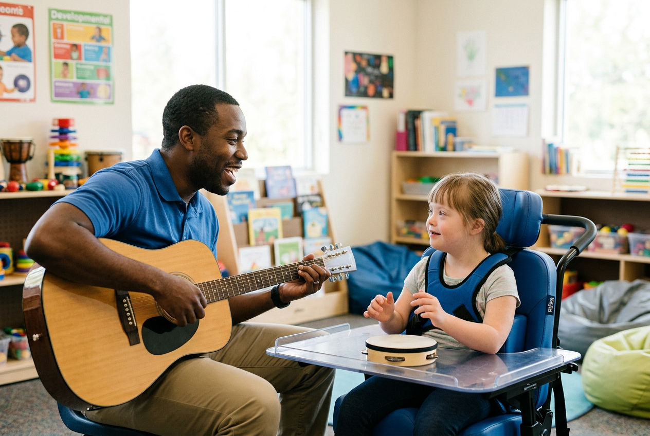 Professional special education music therapy session in a bright, welcoming classroom 678241