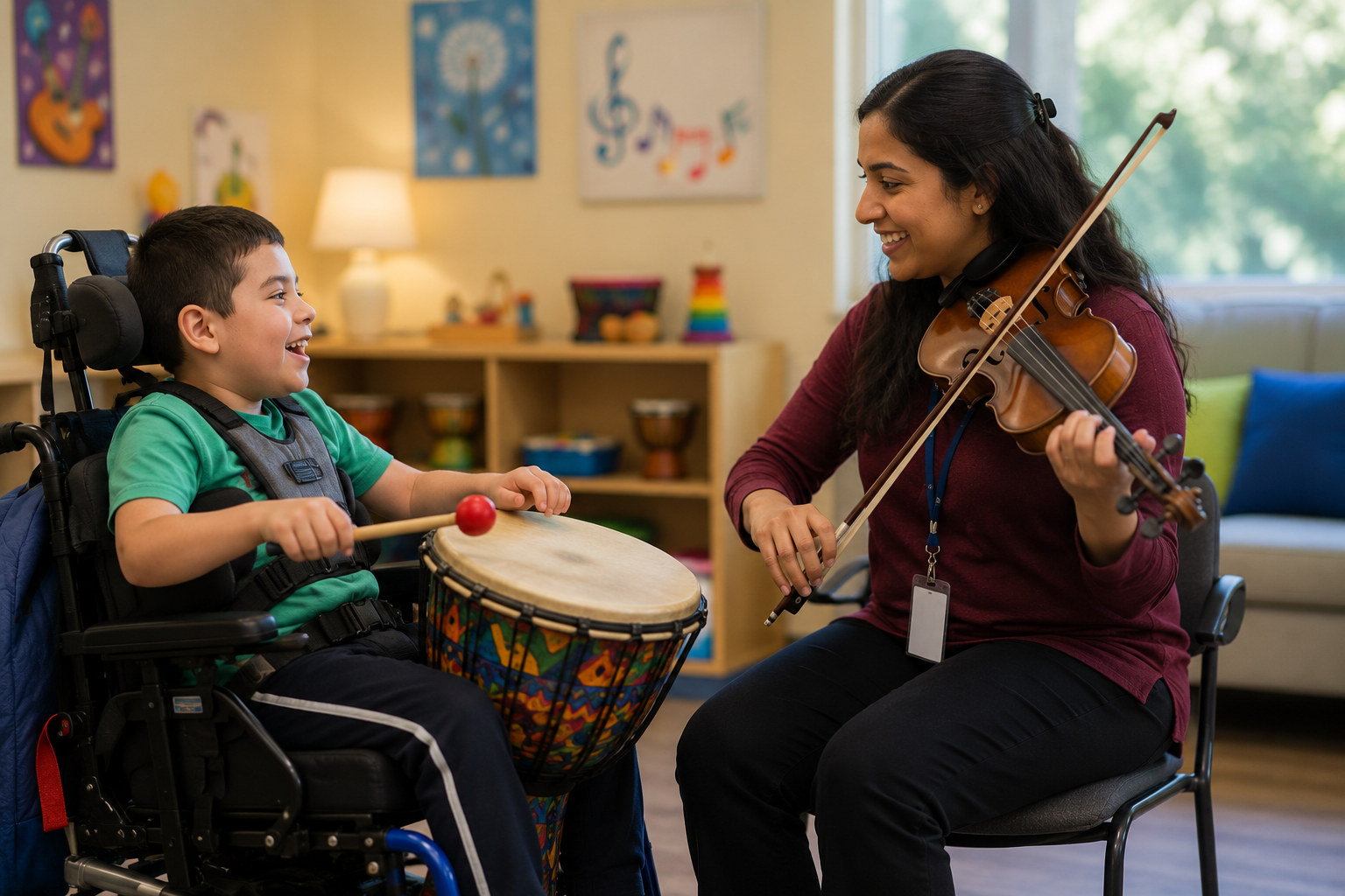 pediatric-music-therapist-playing-violin-with-child-drumming-in-wheelchair