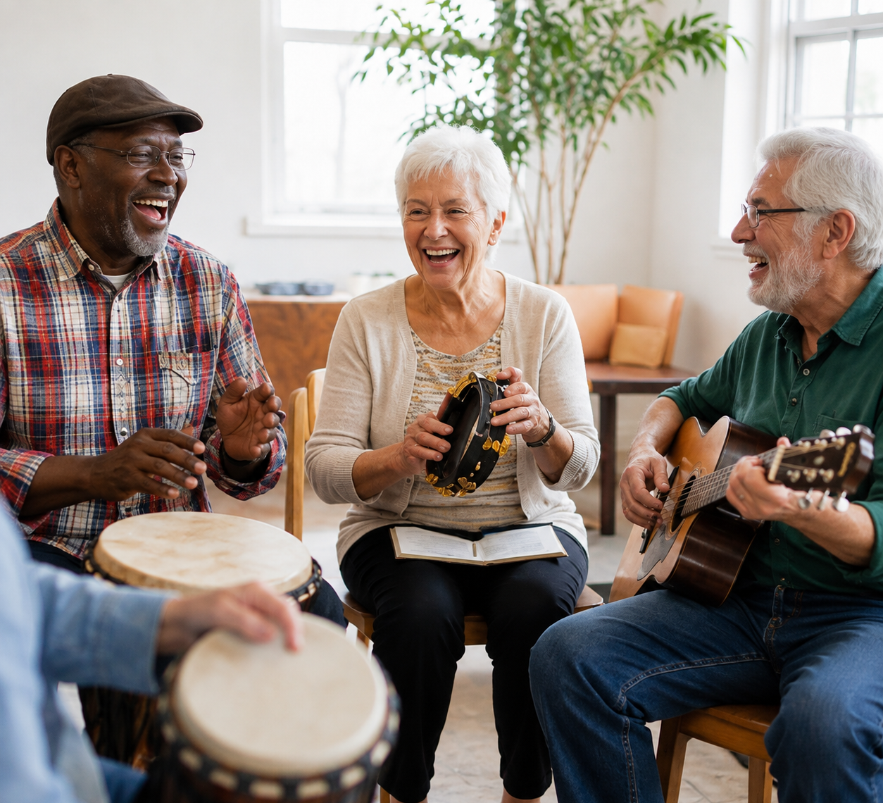 diverse-group-of-older-adults-seniors-playing-djembe-tambourine-and-acoustic-guitar-together-in-group-music-therapy-session