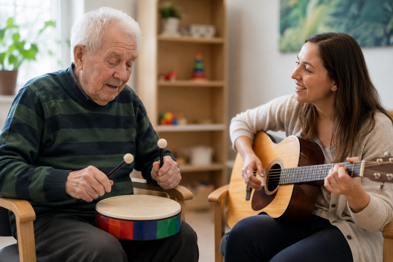 elderly-man-mental-health-music-therapy-session-playing-drum-with-female-music-therapist-acoustic-guitar-senior-care
