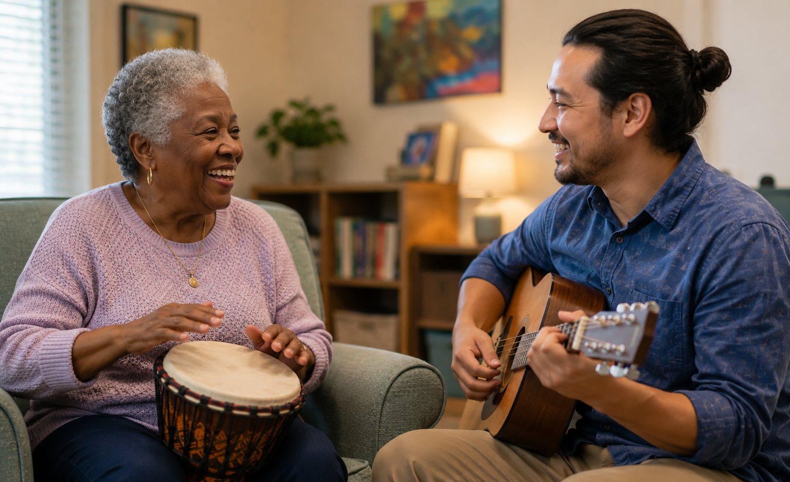 geriatric-music-therapy-senior-black-woman-drumming-with-guitar-therapist