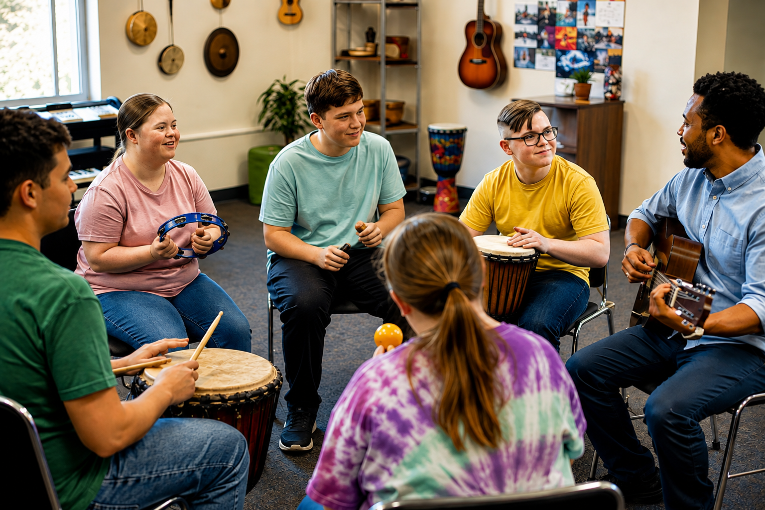inclusive-teen-group-music-therapy-session-down-syndrome-developmental-disabilities-drums-tambourine-guitar-music-room