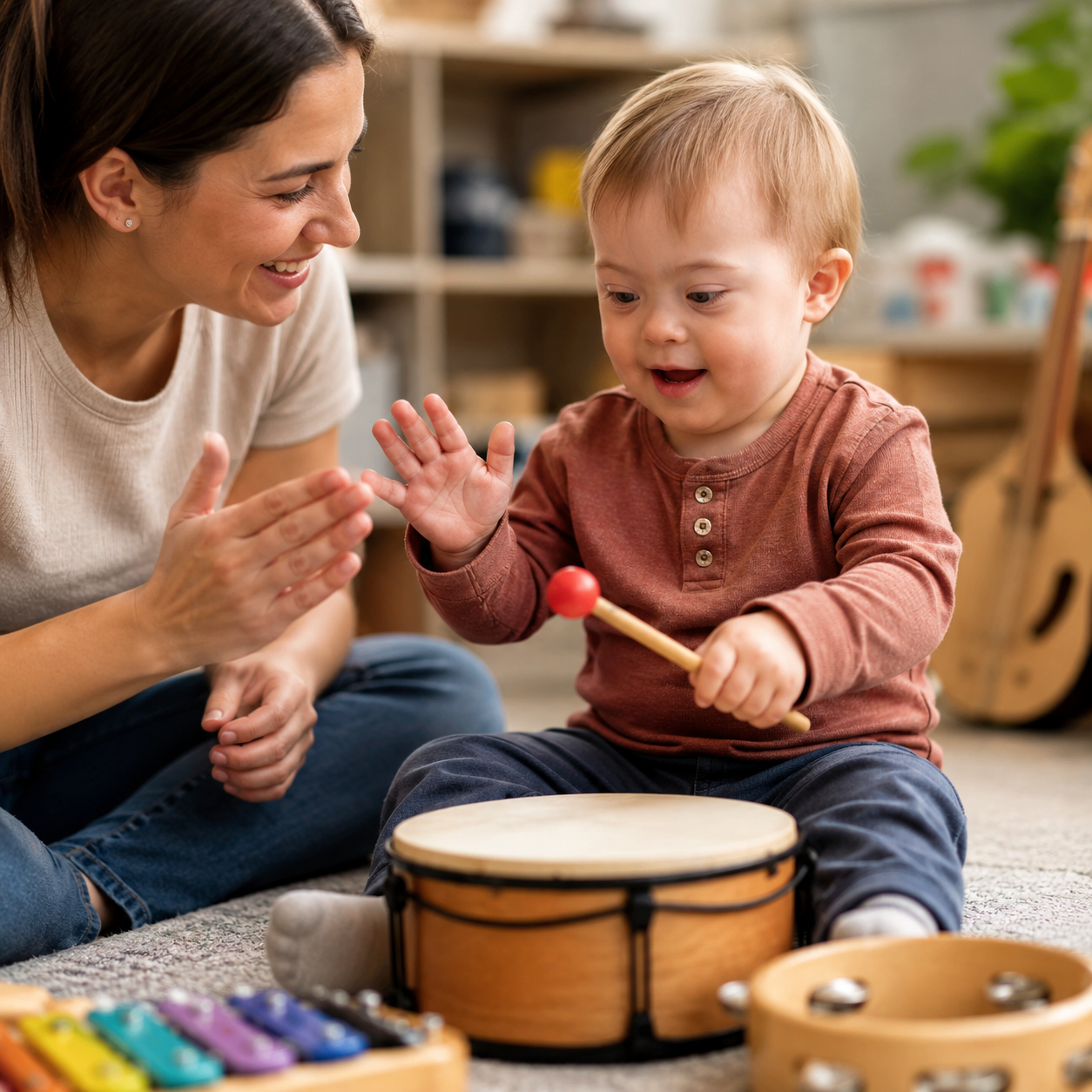 toddler-with-down-syndrome-playing-drum-during-music-therapy-session-with-female-music-therapist-warm-clinical-setting